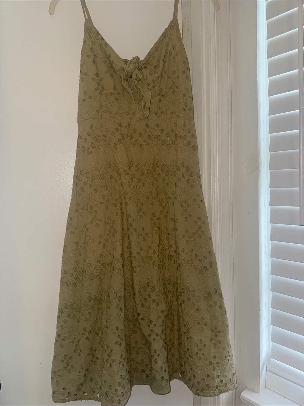 Express Olive Eyelet Midi Dress with Front Tie